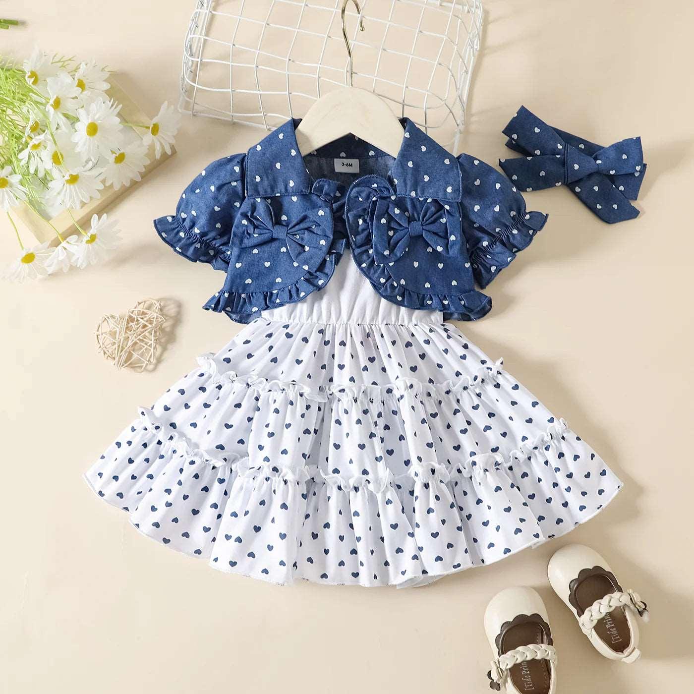 Allover Heart Print Puff-sleeve Denim Crop Top & Cami Dress Set - Infant Girl (3Pcs) - Novo Kids
