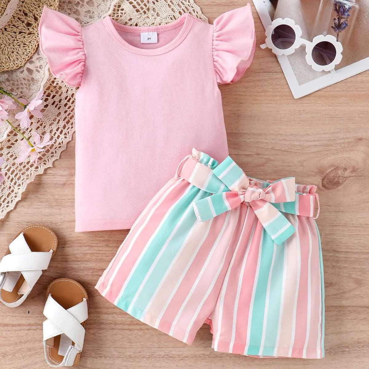 Sweet Flutter-sleeve Tee and Stripe Belted Shorts Set - Toddler Girl (2Pcs) - Novo Kids