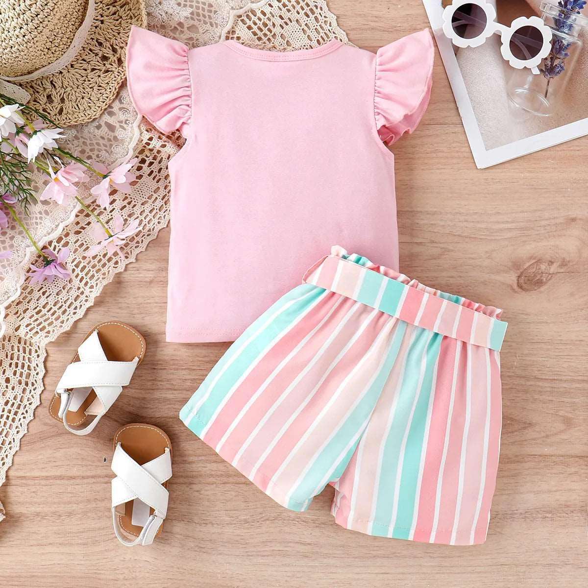Sweet Flutter-sleeve Tee and Stripe Belted Shorts Set - Toddler Girl (2Pcs) - Novo Kids