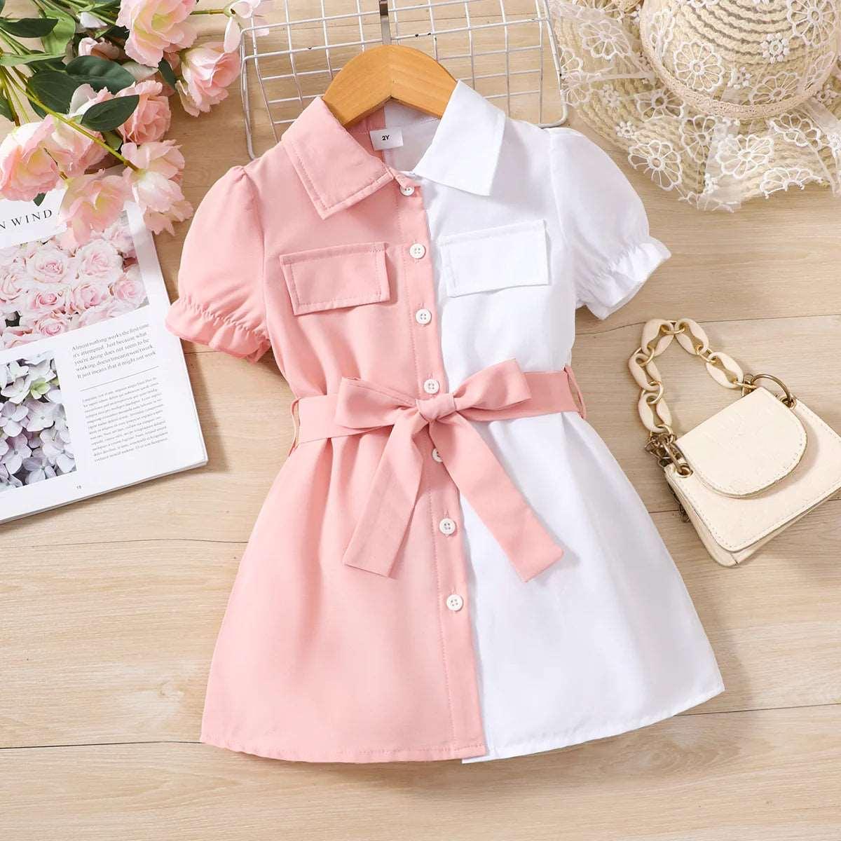 Elegant Lapel Collar Colorblock Belted Dress - Toddler Girl - Novo Kids