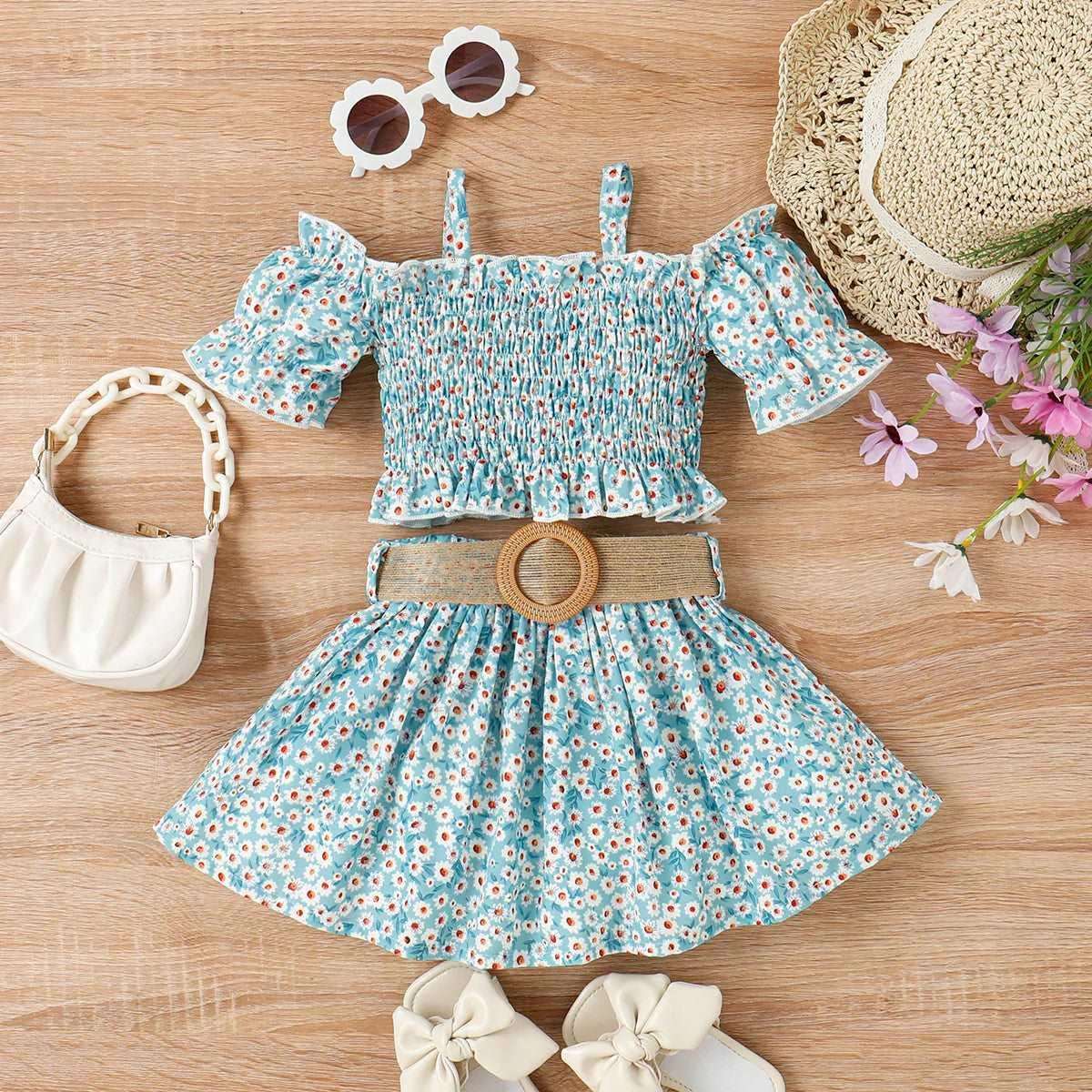 Sweet Floral Smocked Camisole & Skirt Set with Belt - Toddler Girl (2Pcs) - Novo Kids