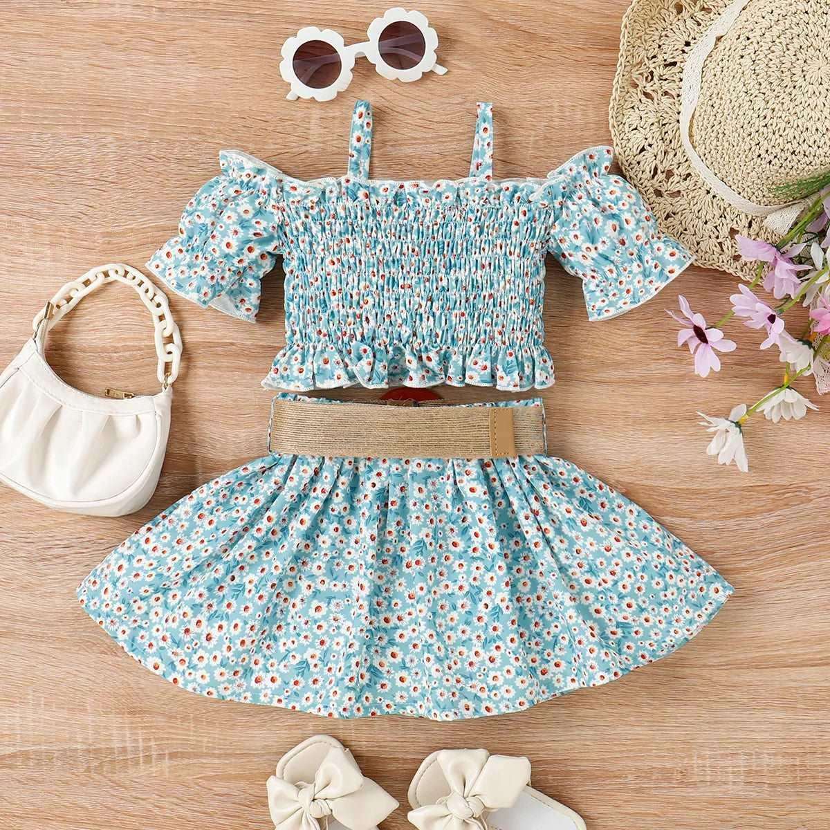 Sweet Floral Smocked Camisole & Skirt Set with Belt - Toddler Girl (2Pcs) - Novo Kids
