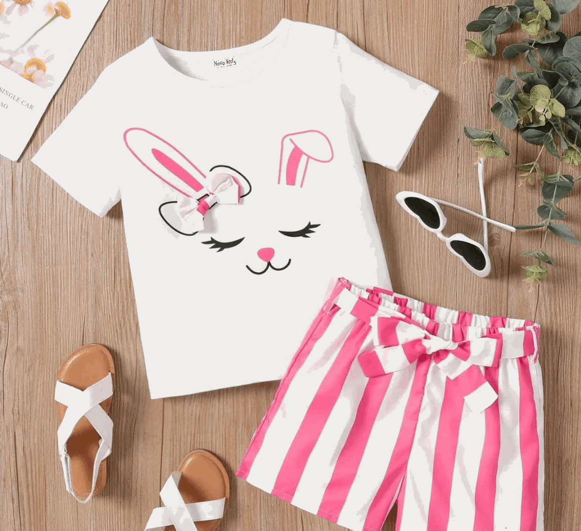 3D Rabbit Print Tee & Belted Shorts Set - Kids Girls (2pcs) - Novo Kids