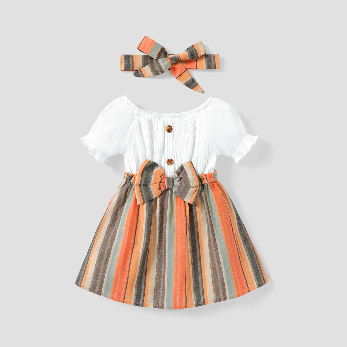 Solid & Striped Spliced Bow Front Short-sleeve Dress Set with Headband - Baby Girl (2Pcs) - Novo Kids