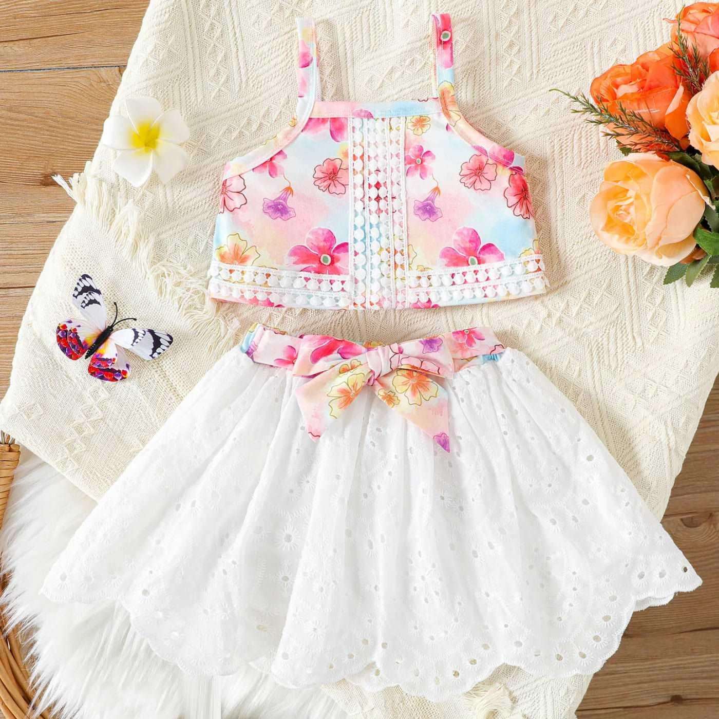 Floral Cami Top and Embroidered Belted Skirt Set - Baby Girl (2Pcs) - Novo Kids