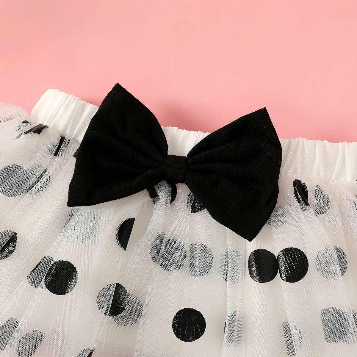 Cotton Ruffle Short-sleeve Romper & Polka Dots Mesh Skirt Set with Headband - Baby Girl (3Pcs) - Novo Kids