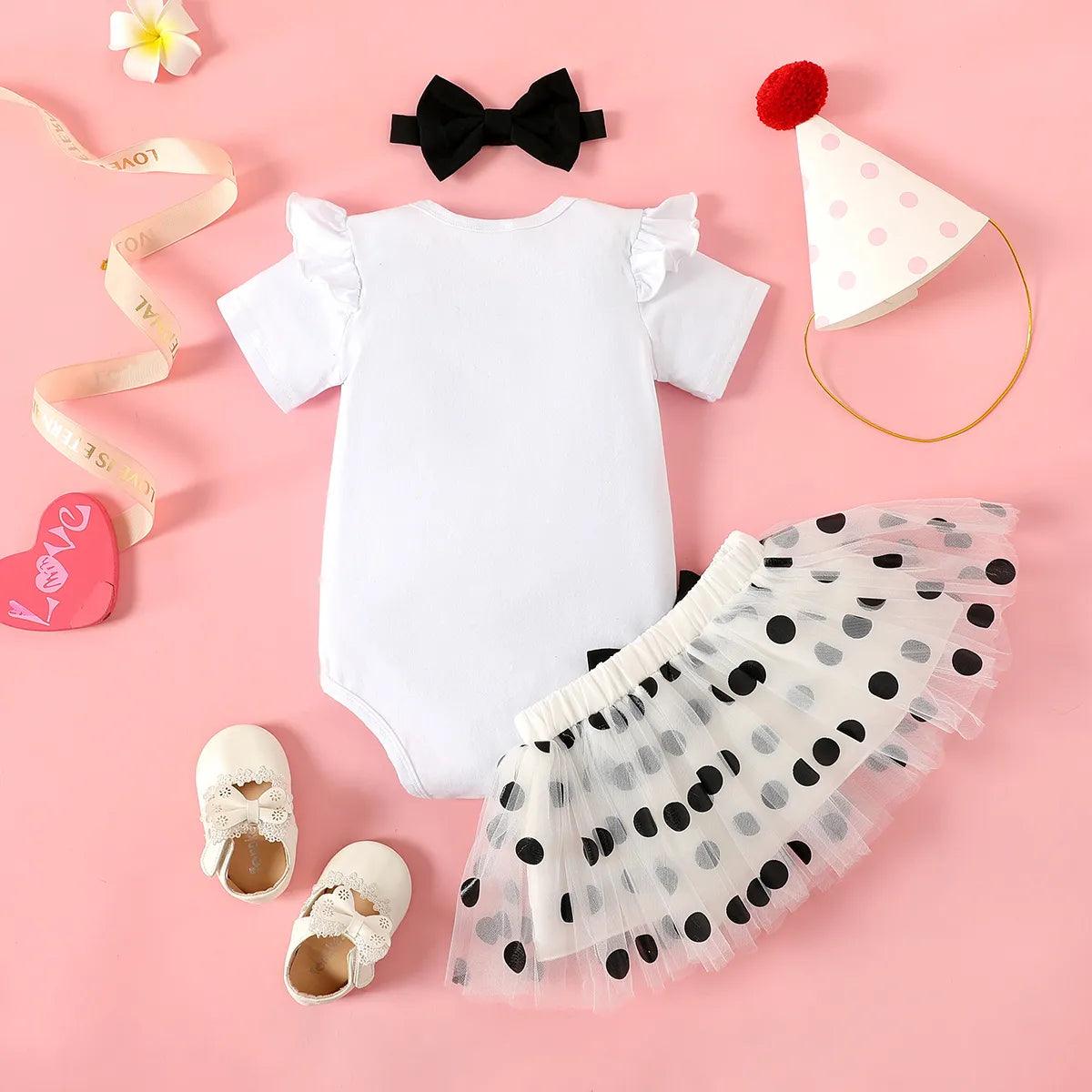 Cotton Ruffle Short-sleeve Romper & Polka Dots Mesh Skirt Set with Headband - Baby Girl (3Pcs) - Novo Kids