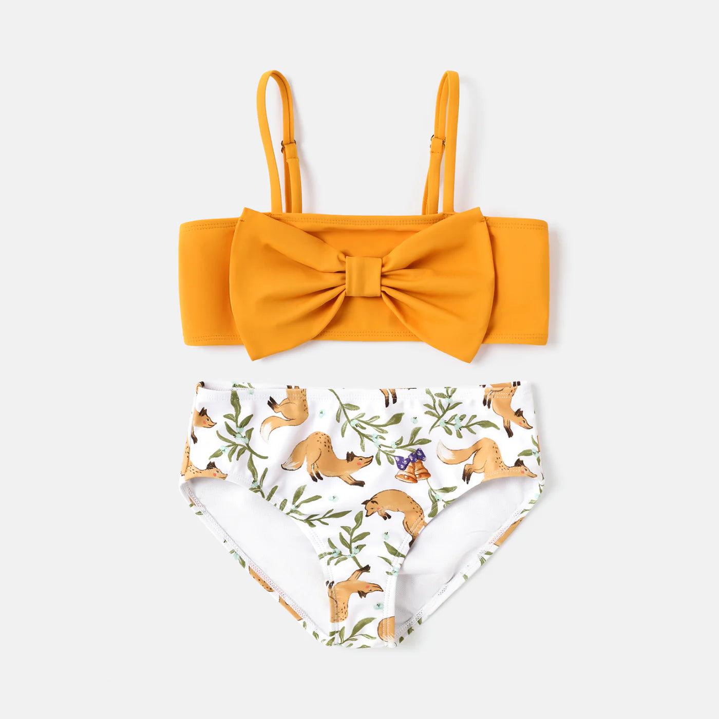 Bow Front Solid & Animal Print Swimsuit Set - Kids Girl (2Pcs) - Novo Kids