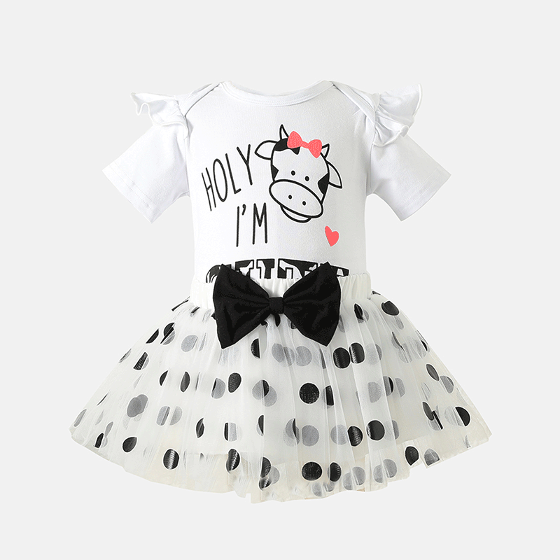 Cotton Ruffle Short-sleeve Romper & Polka Dots Mesh Skirt Set with Headband - Baby Girl (3Pcs) - Novo Kids