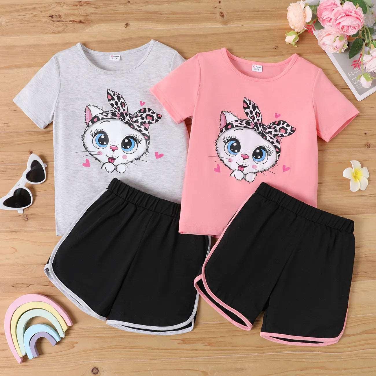 Cute Cat Print Tee & Dolphin Shorts Set - Kids Girl (2Pcs) - Novo Kids