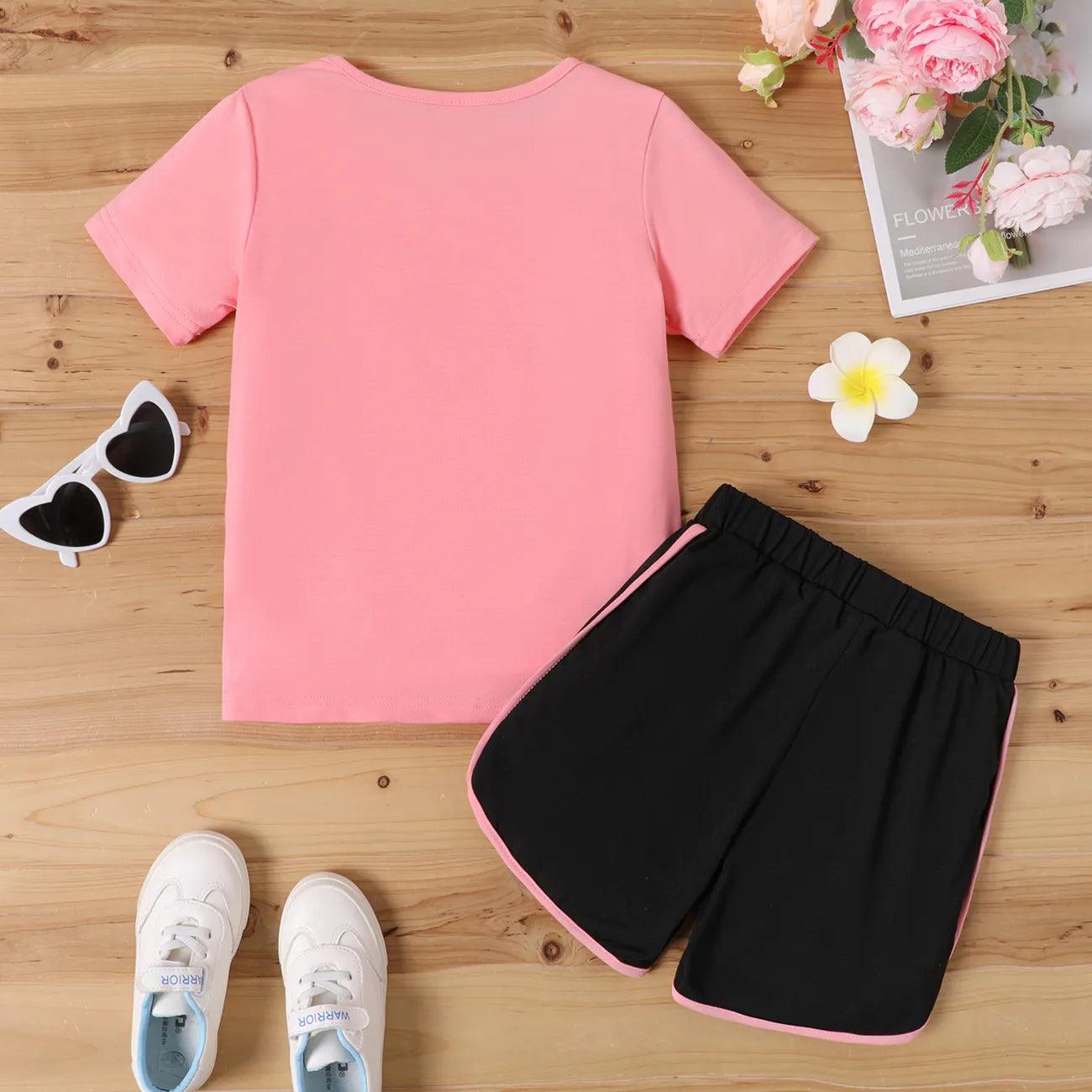 Cute Cat Print Tee & Dolphin Shorts Set - Kids Girl (2Pcs) - Novo Kids