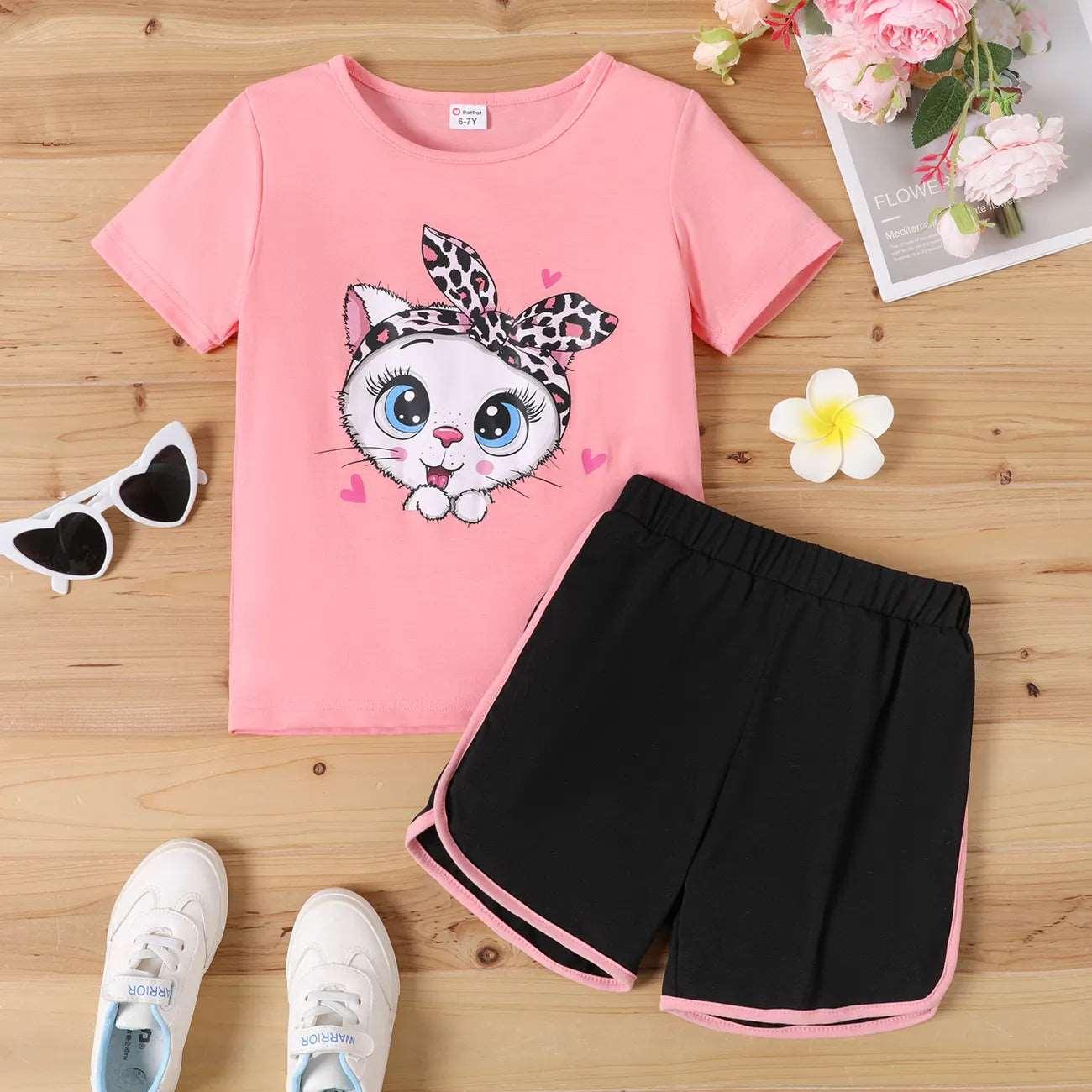 Cute Cat Print Tee & Dolphin Shorts Set - Kids Girl (2Pcs) - Novo Kids