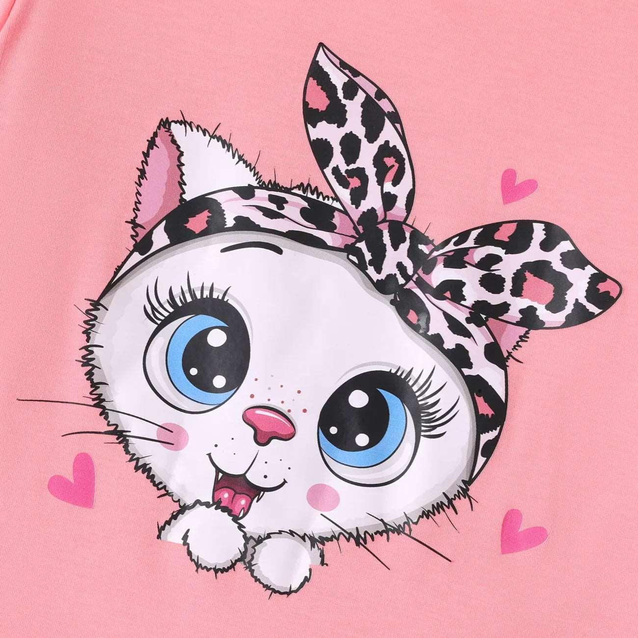 Cute Cat Print Tee & Dolphin Shorts Set - Kids Girl (2Pcs) - Novo Kids