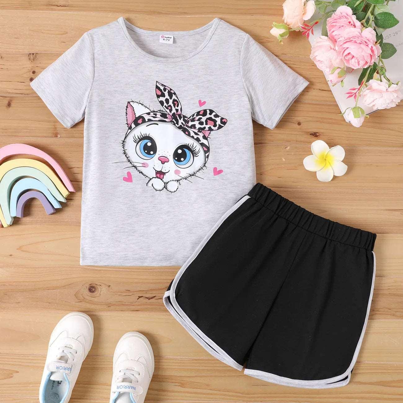 Cute Cat Print Tee & Dolphin Shorts Set - Kids Girl (2Pcs) - Novo Kids