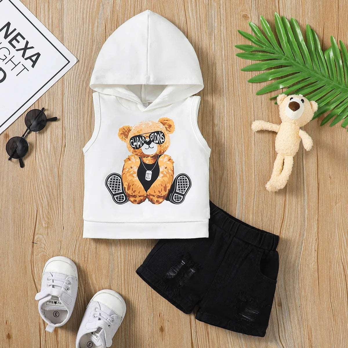 Bear Print Hooded Tank + Ripped Denim Shorts Set - Baby Boy (2Pcs) - Novo Kids