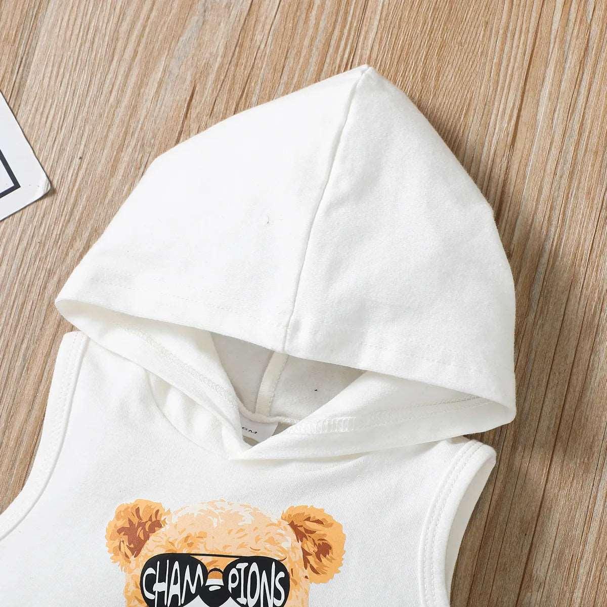 Bear Print Hooded Tank + Ripped Denim Shorts Set - Baby Boy (2Pcs) - Novo Kids