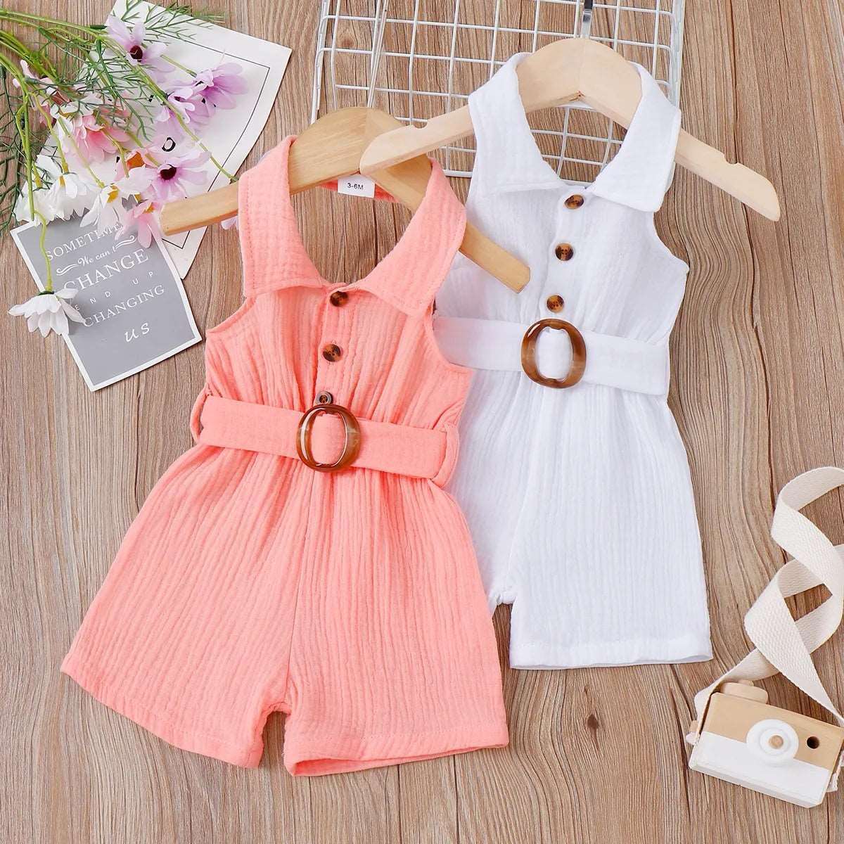 Ribbed Rompers with Belted Lapel Neck - Infant Girl - Novo Kids