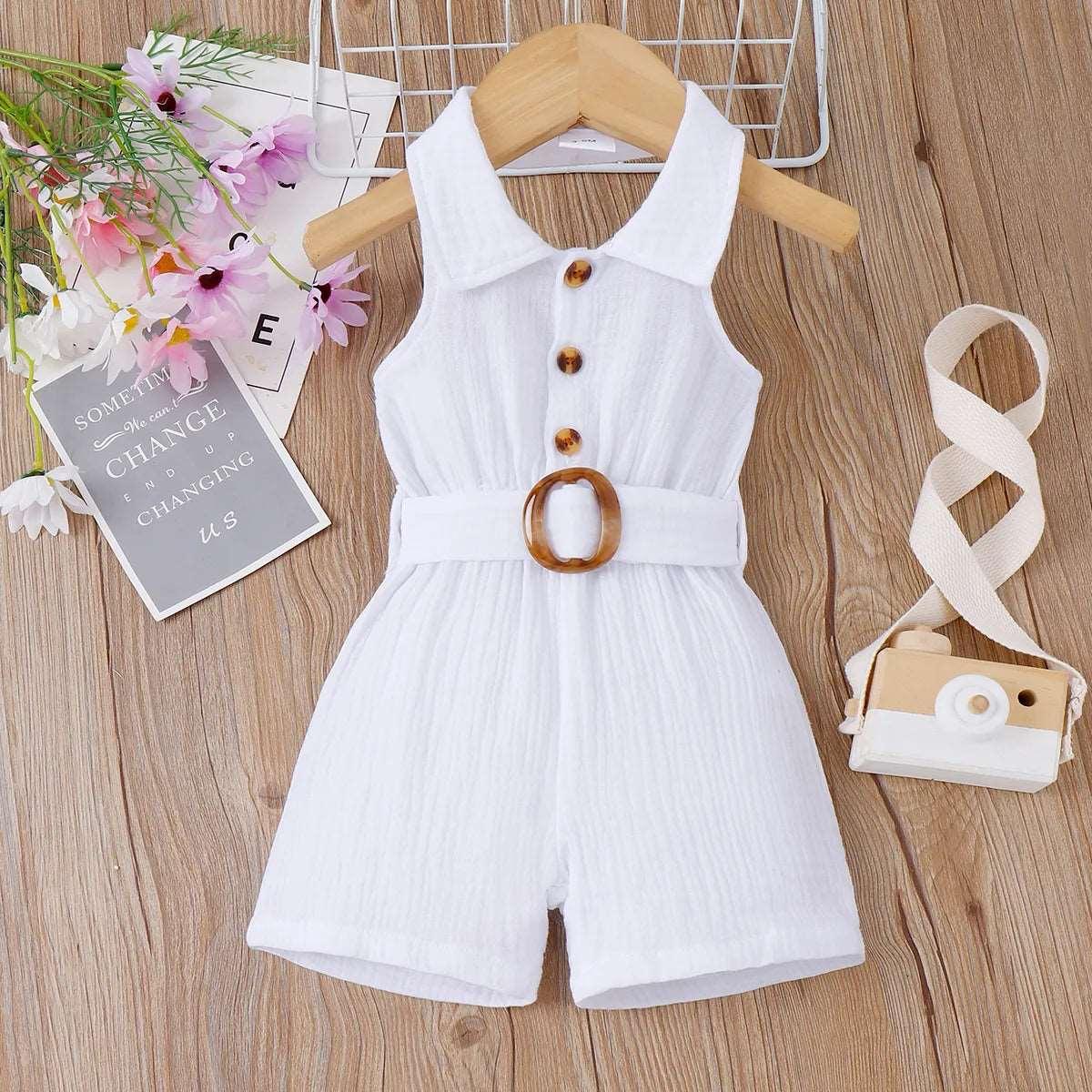 Ribbed Rompers with Belted Lapel Neck - Infant Girl - Novo Kids