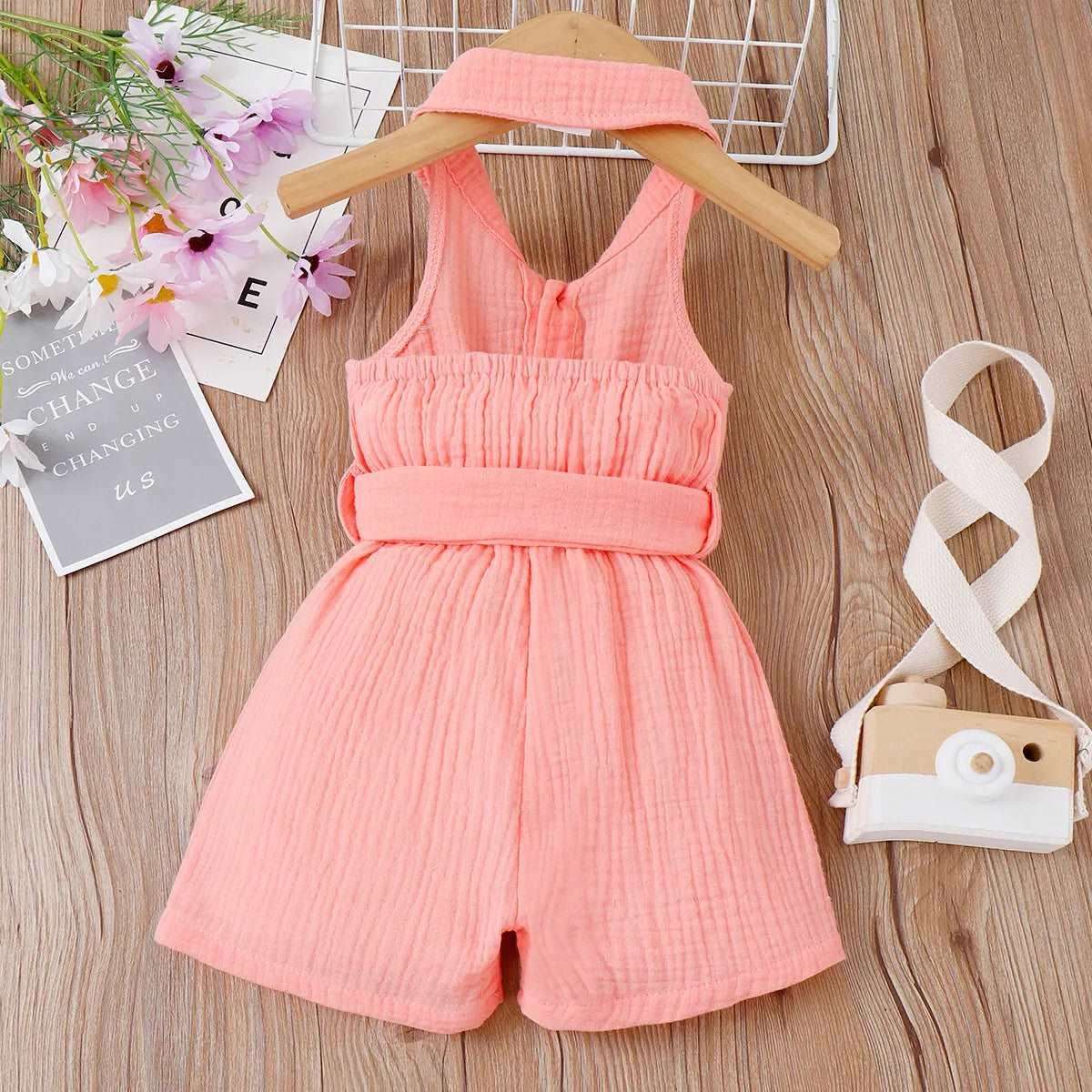 Ribbed Rompers with Belted Lapel Neck - Infant Girl - Novo Kids