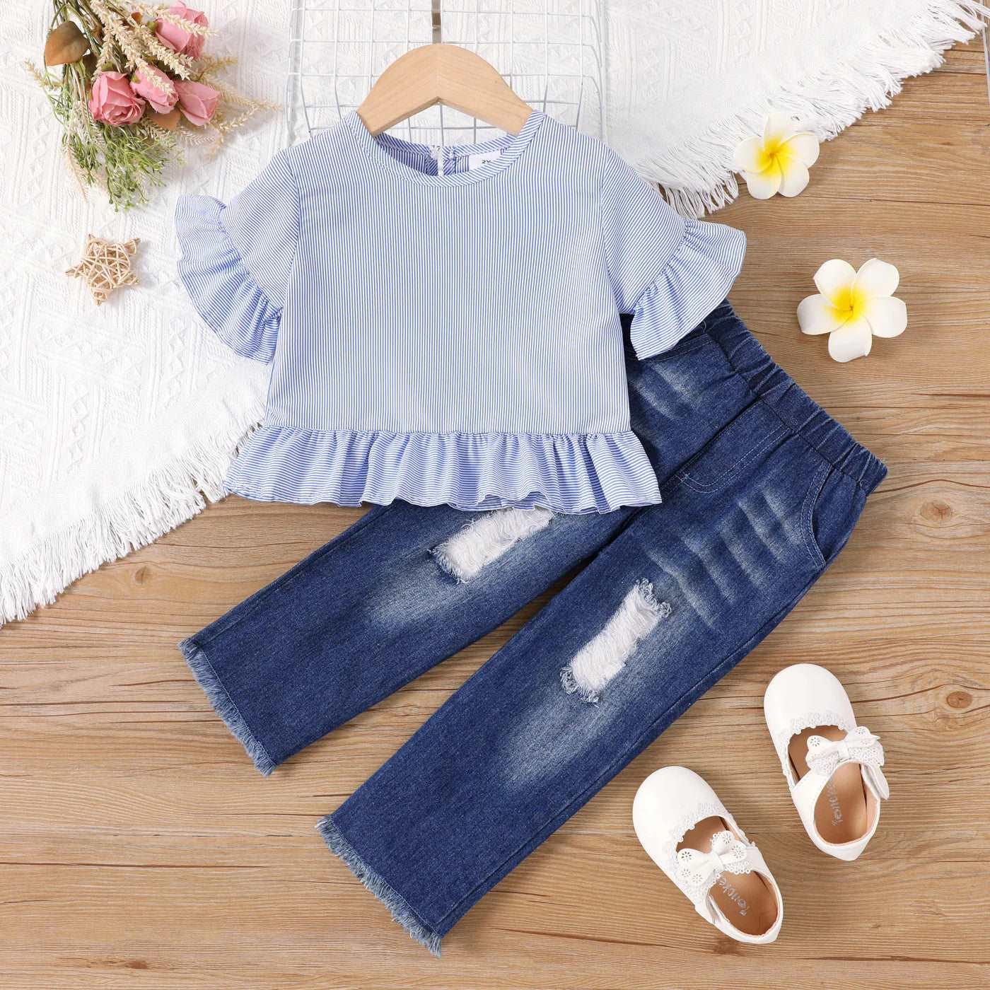 Blue Stripe Ruffled Top + Ripped Jeans Set - Toddler Girl (2Pcs) - Novo Kids