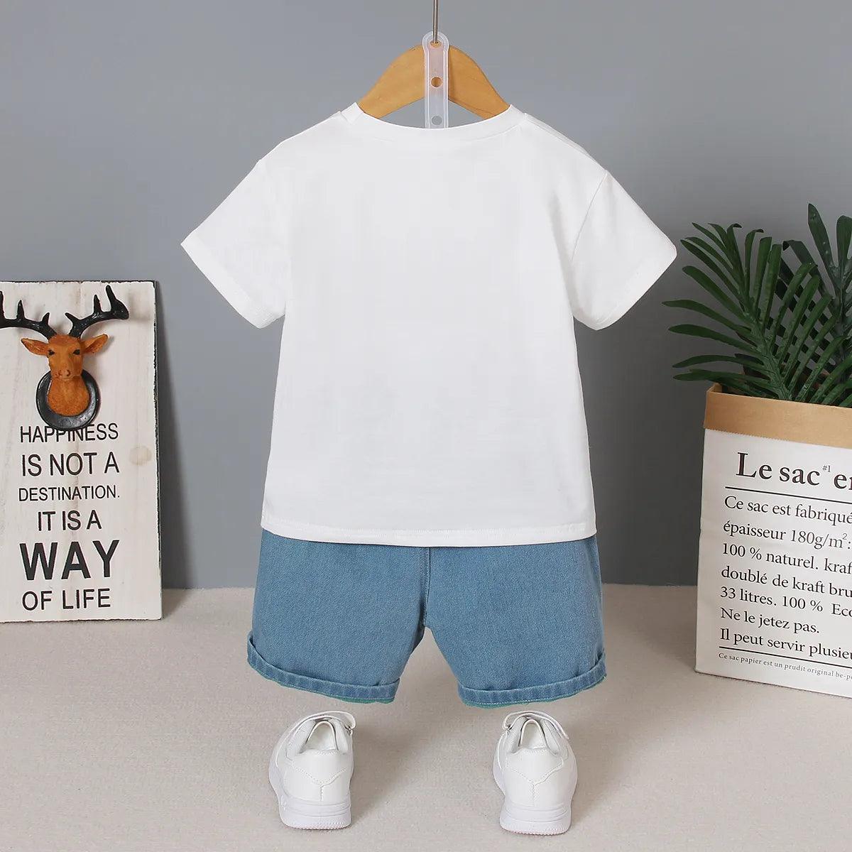 Shark Letter Print Tee + Ripped Denim Shorts Set - Toddler Boy (2Pcs) - Novo Kids
