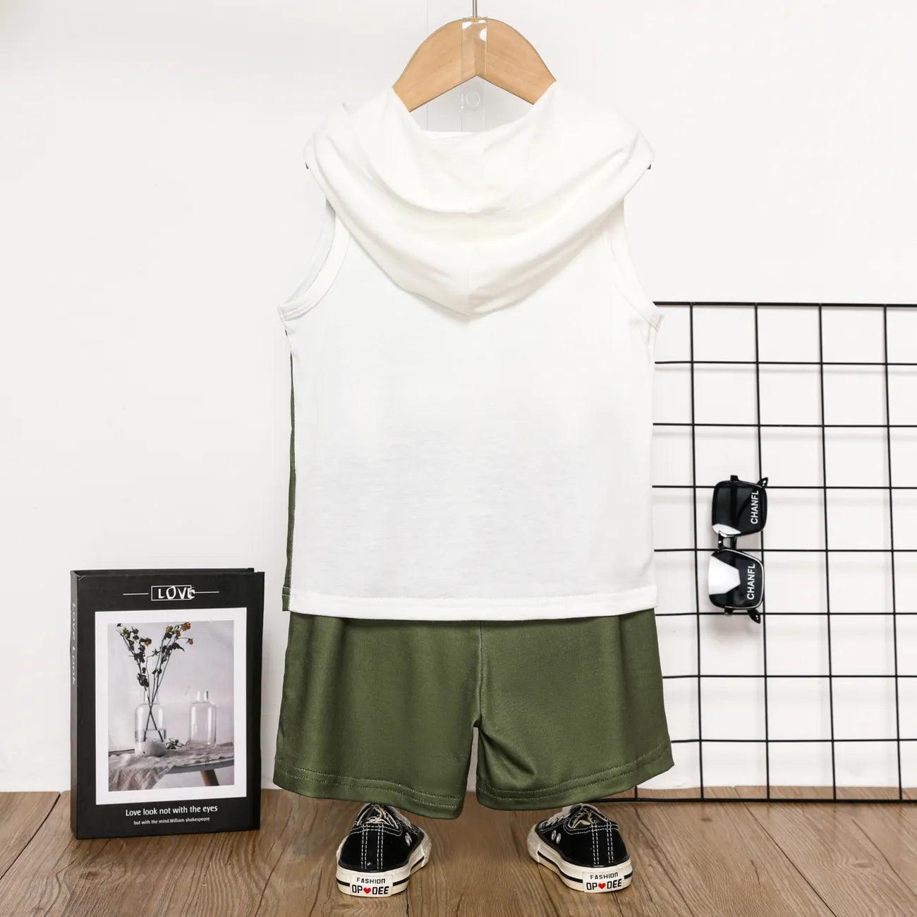 Letter Print Hooded Tank + Ripped Shorts Set - Toddler Boy (2Pcs) - Novo Kids