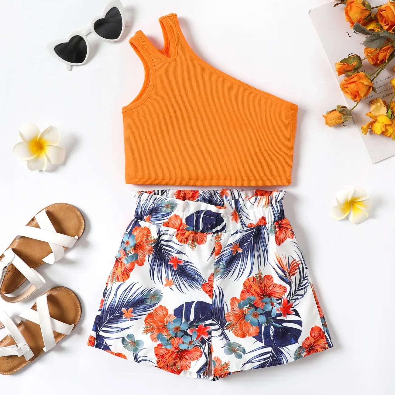 Ribbed One-Shoulder Top and Flower Print Shorts Set - Kids Girl (2Pcs) - Novo Kids