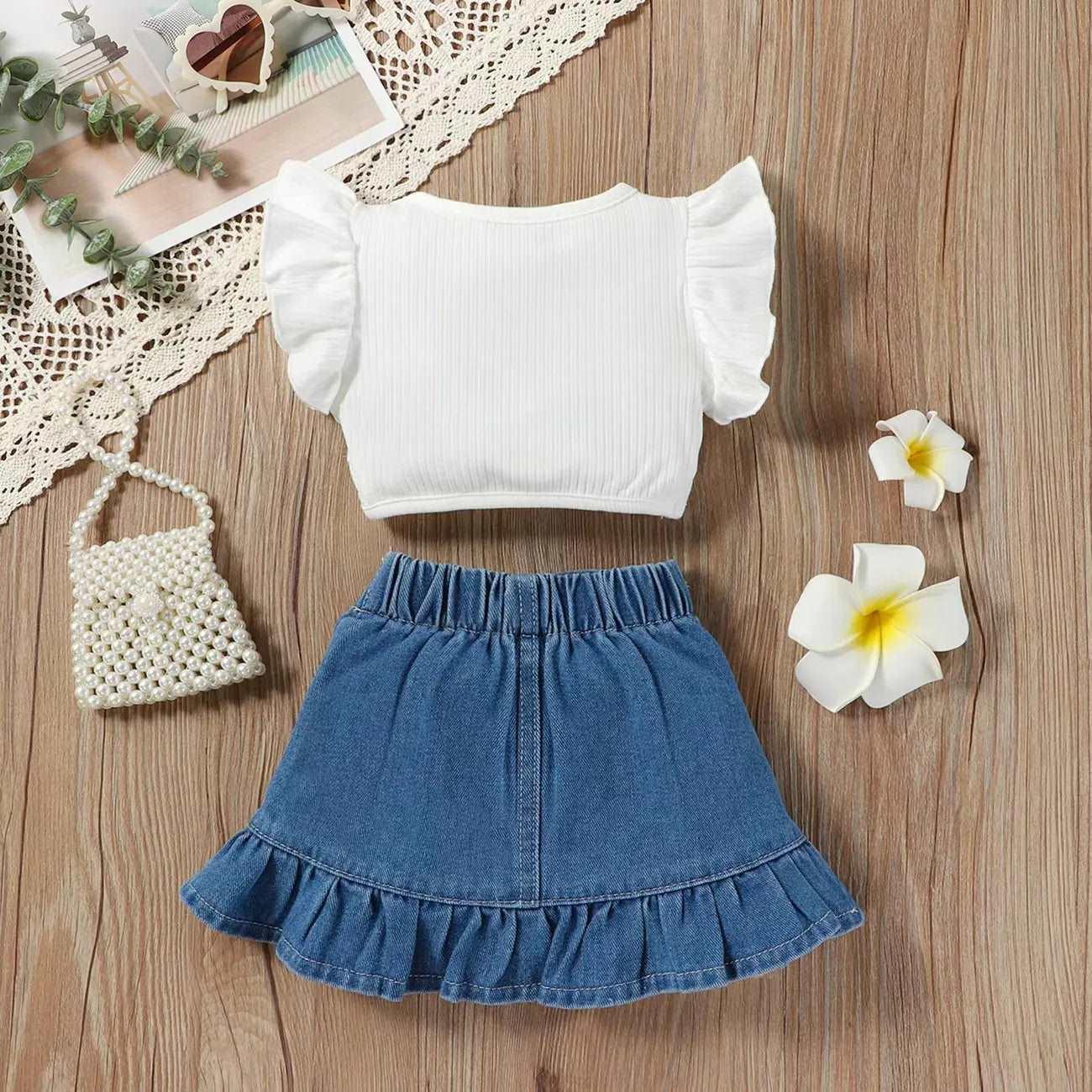 Ruffle Sleeve Solid Top & Skirt Set with Back Pockets - Baby Girl (2Pcs) - Novo Kids