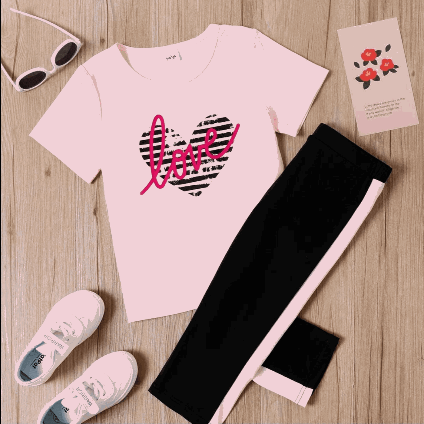 Letter Heart Print Pink Tee and Capri Pants Set - Kids Girl (2Pcs) - Novo Kids