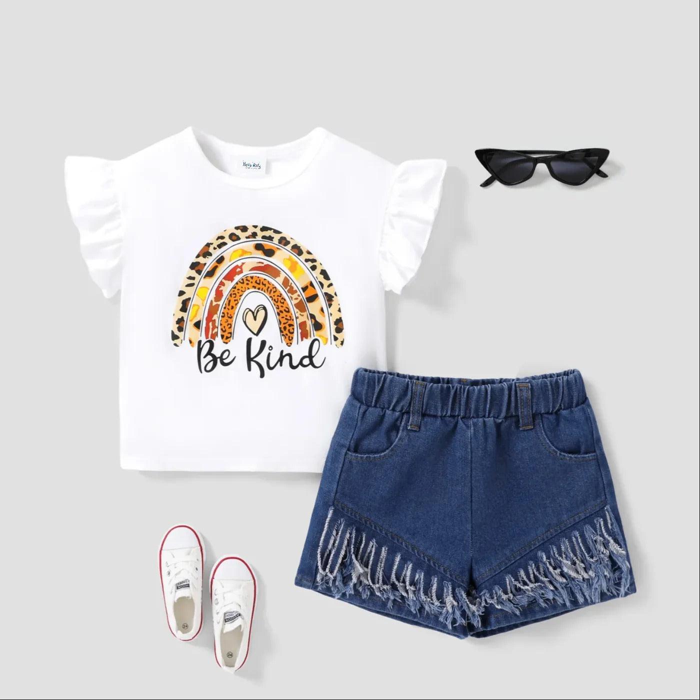 Rainbow Ruffled Tee and Tassel Denim Set - Toddler Girl (2pcs) - Novo Kids