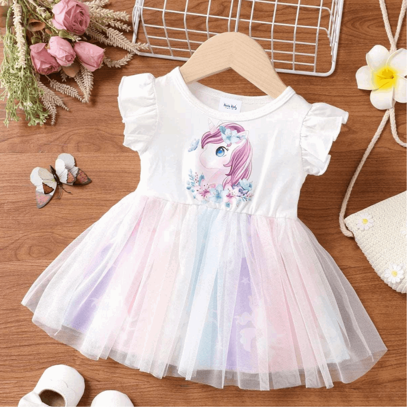 Colorful Mesh Unicorn Ruffle Dress - Baby Girl - Novo Kids