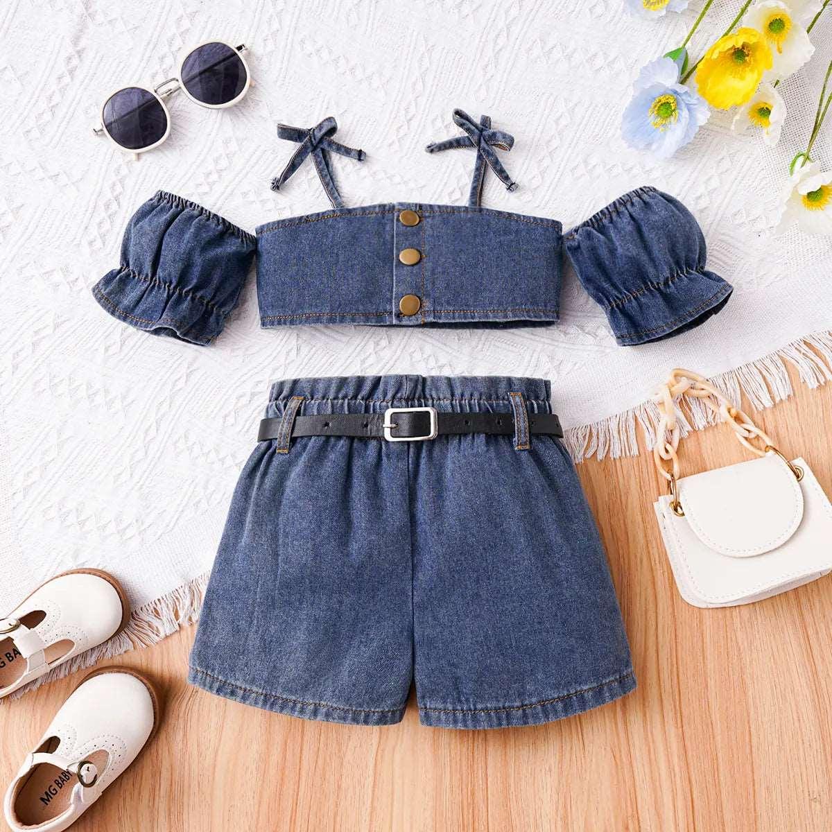 Ruffle Slip Top + Belted Denim Shorts Set 100% Cotton - Toddler Girl (2Pcs) - Novo Kids