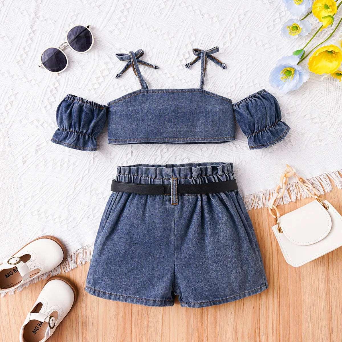 Ruffle Slip Top + Belted Denim Shorts Set 100% Cotton - Toddler Girl (2Pcs) - Novo Kids