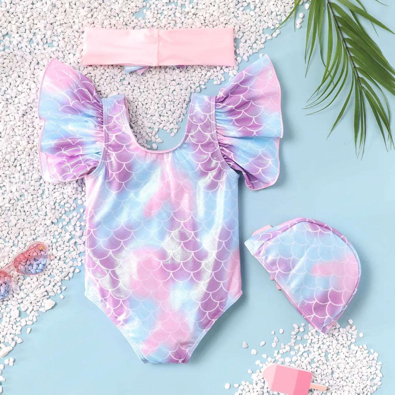Casual Ruffle Edge Swimsuit, Headband, and Hat Set - Toddler Girl (3Pcs) - Novo Kids