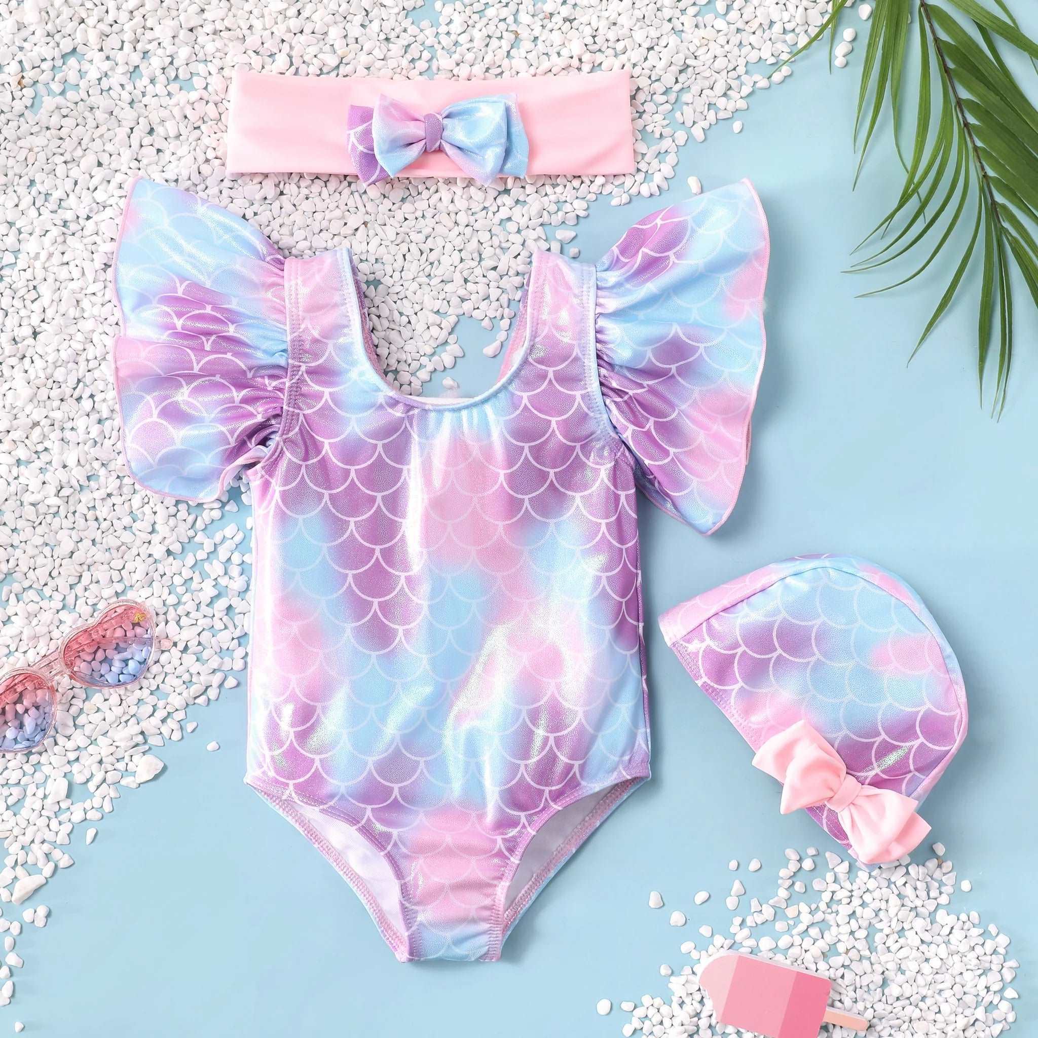 Casual Ruffle Edge Swimsuit, Headband, and Hat Set - Toddler Girl (3Pcs) - Novo Kids