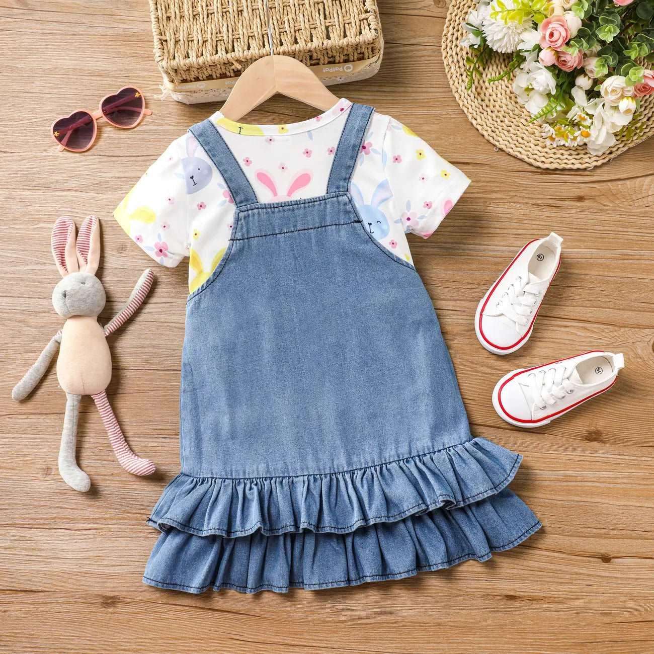 Ruffle Edge with Cute Rabbit Print Dress - Toddler Girl (2Pcs) - Novo Kids