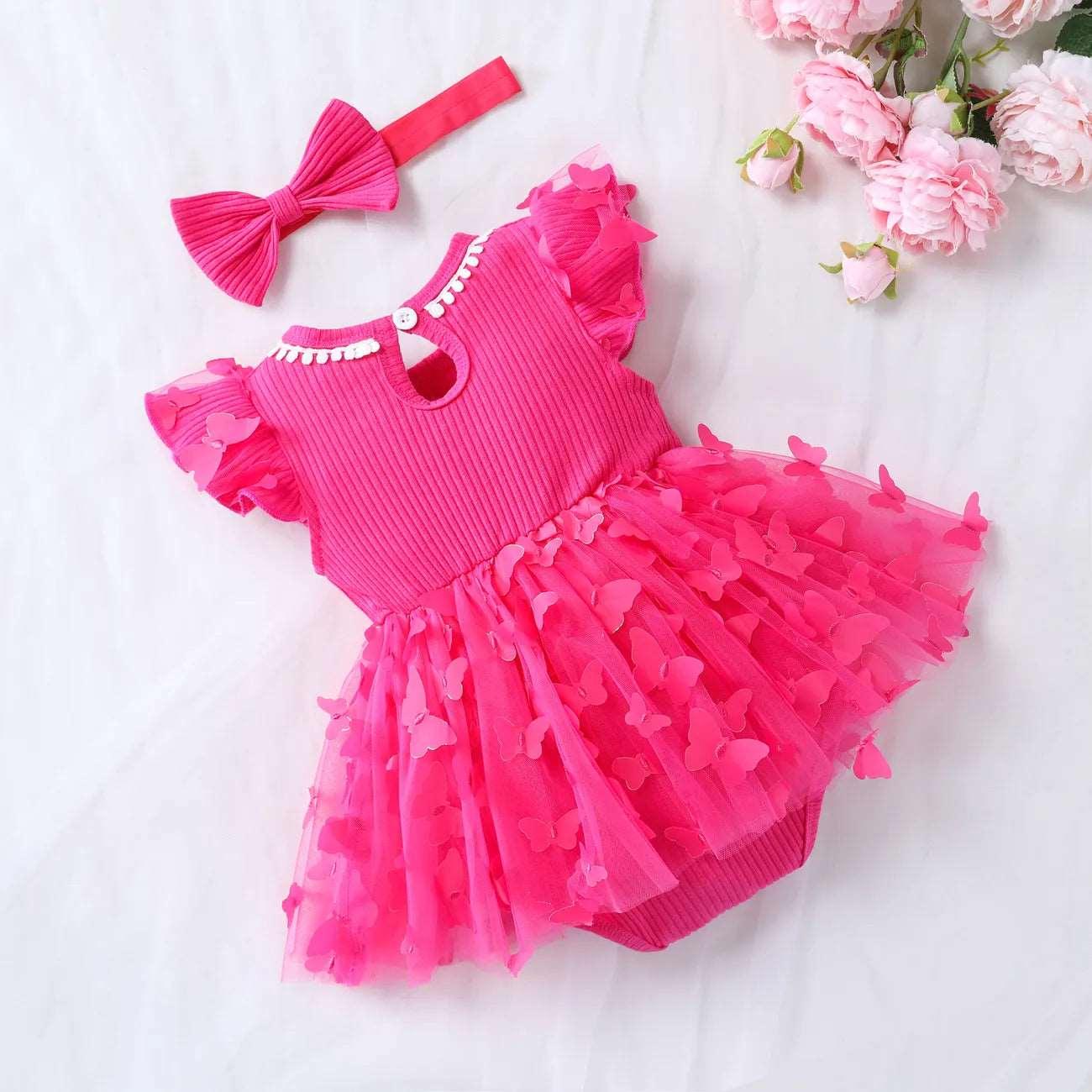 Sweet Mesh Solid Pink Butterfly Dresses & Hairpin Set - Baby Girl (2Pcs) - Novo Kids
