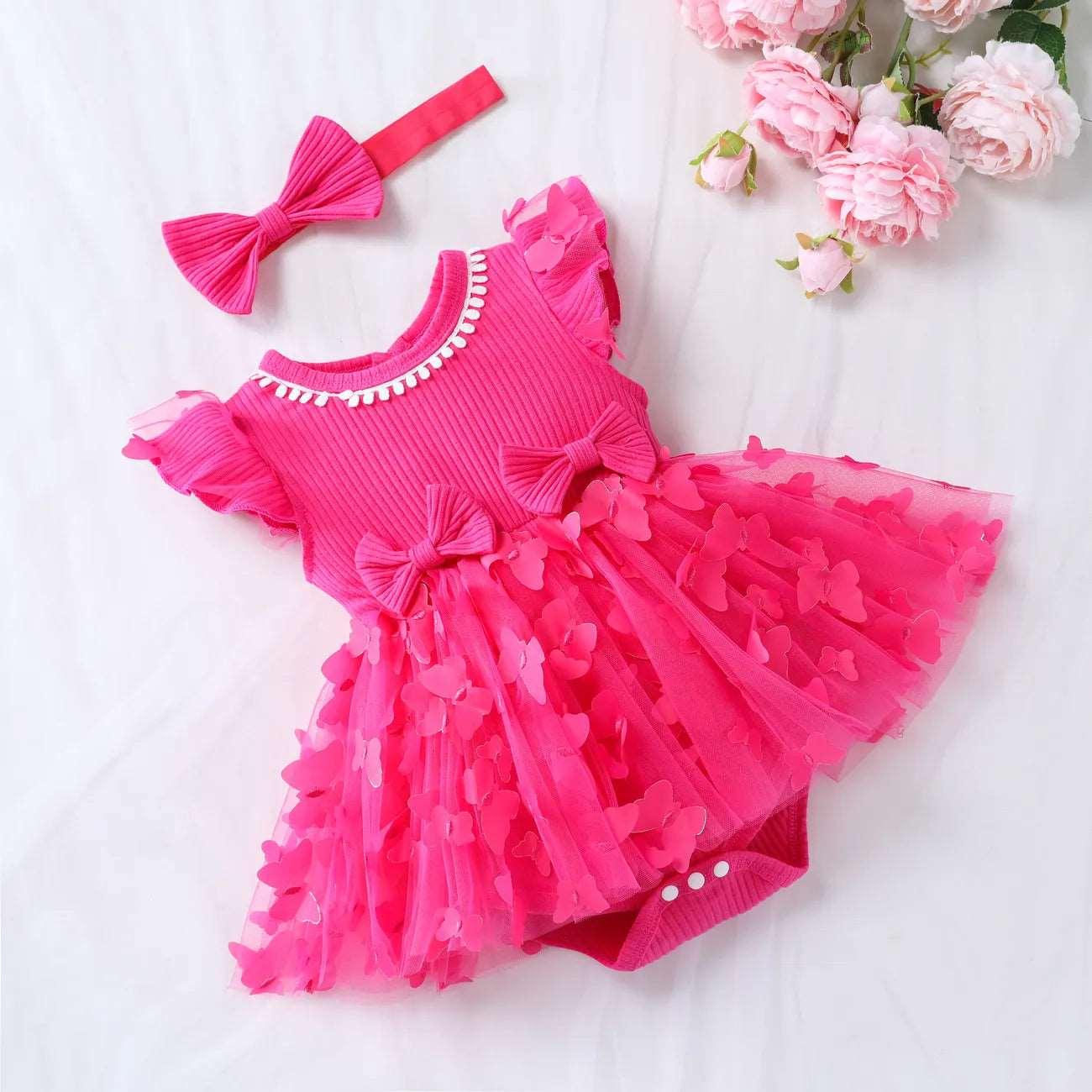 Sweet Mesh Solid Pink Butterfly Dresses & Hairpin Set - Baby Girl (2Pcs) - Novo Kids