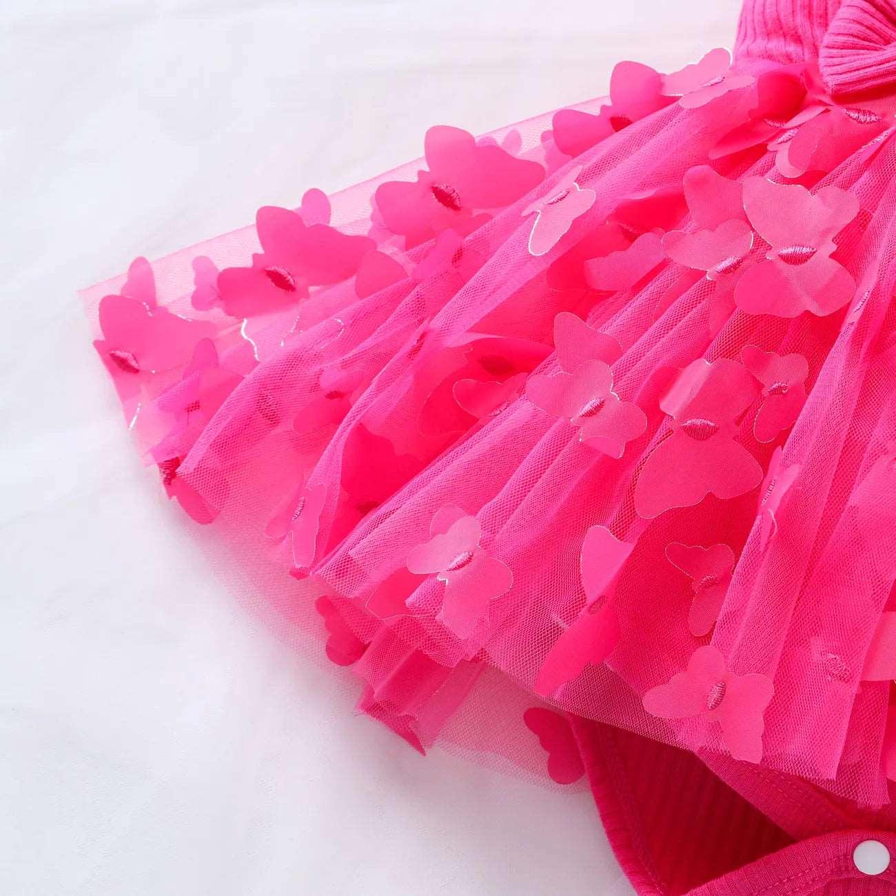 Sweet Mesh Solid Pink Butterfly Dresses & Hairpin Set - Baby Girl (2Pcs) - Novo Kids
