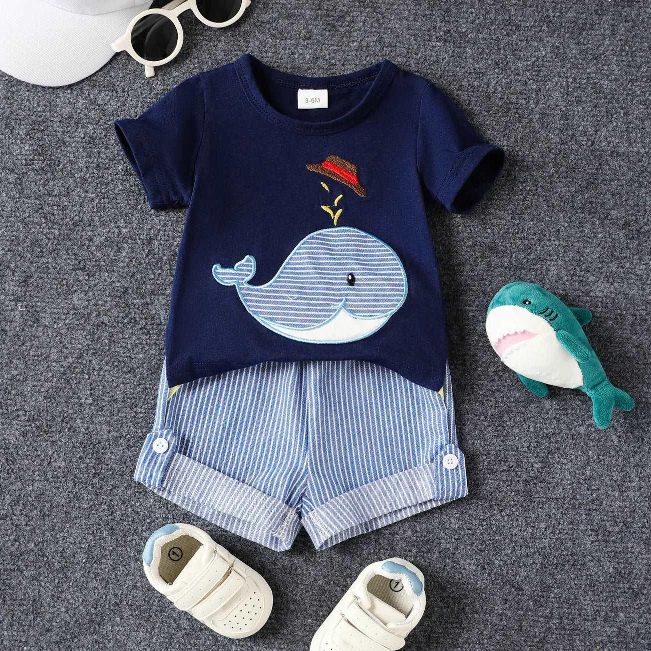 Whale Embroidery Cotton Set - Stand Collar Short Sleeve - Baby Boys (2Pcs) - Novo Kids