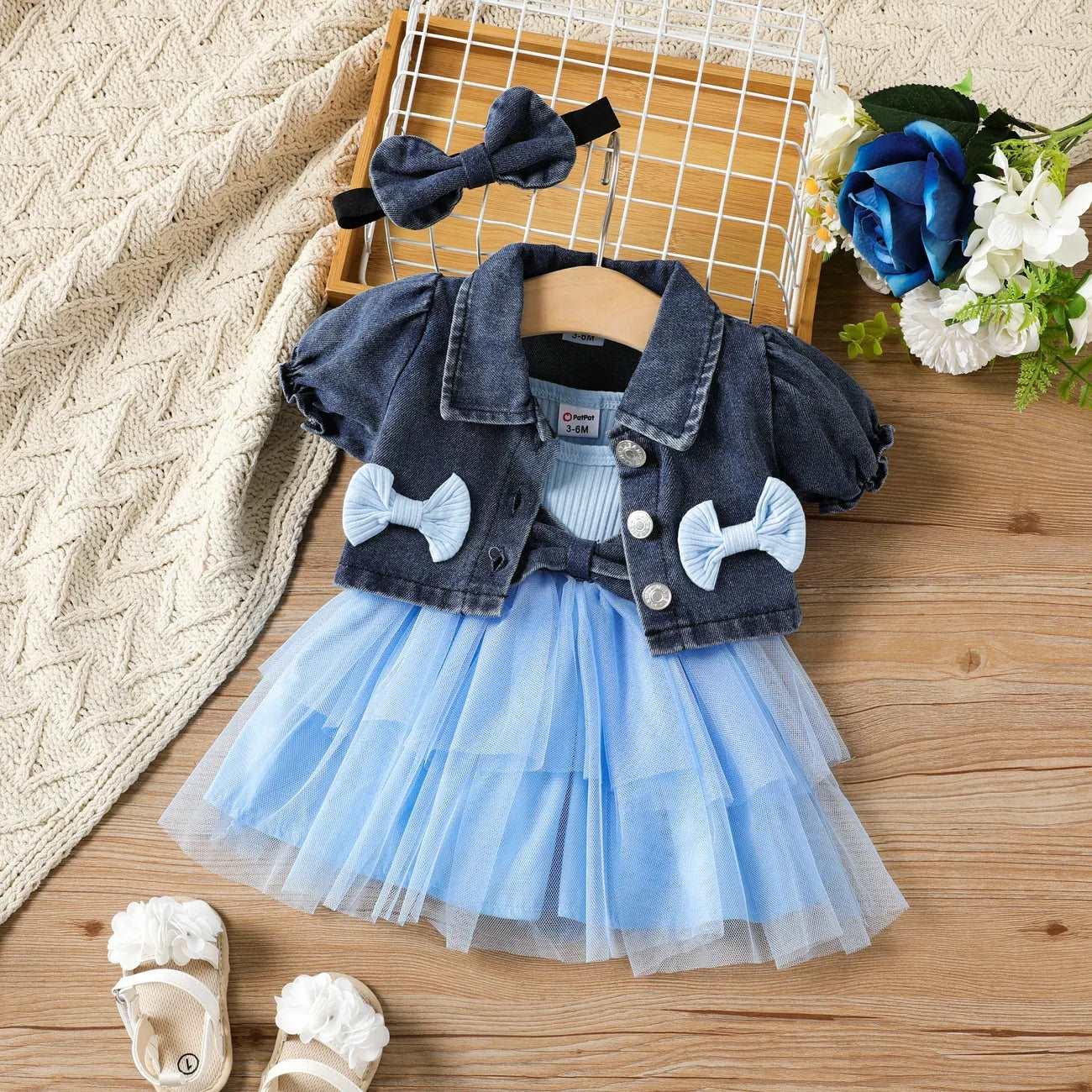 Cute Sweet Lapel Denim Top & Dress Set - Baby Girl (3Pcs) - Novo Kids