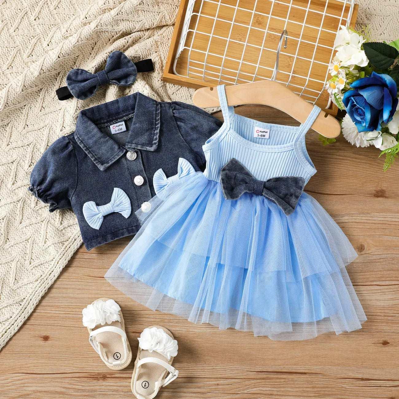 Cute Sweet Lapel Denim Top & Dress Set - Baby Girl (3Pcs) - Novo Kids