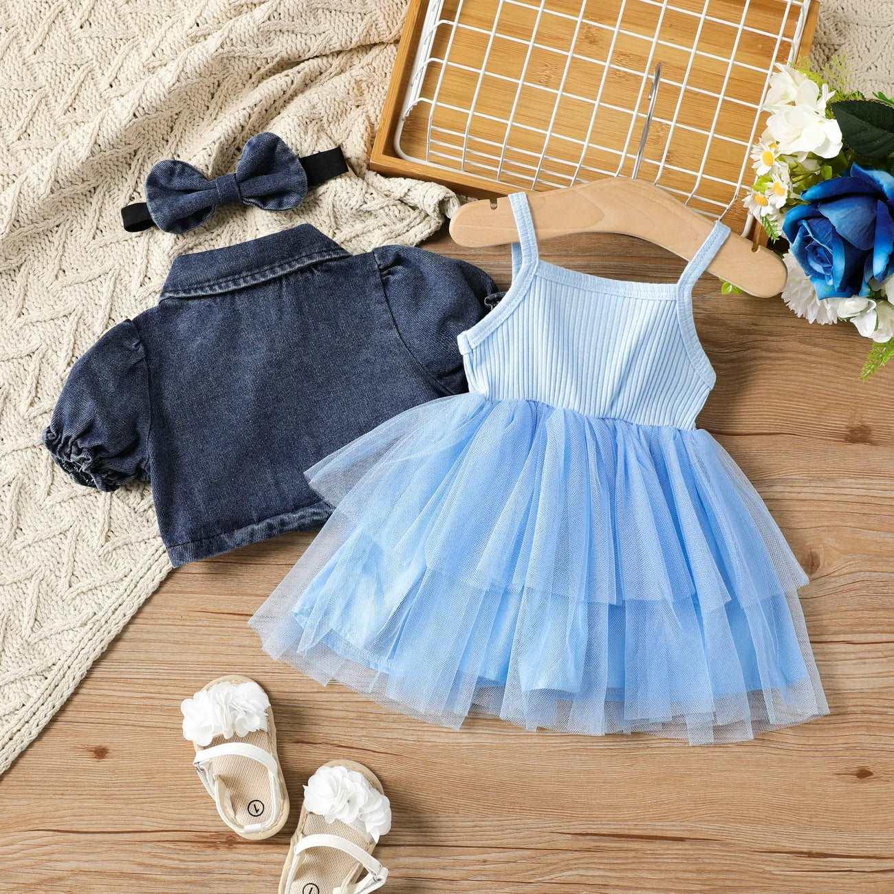 Cute Sweet Lapel Denim Top & Dress Set - Baby Girl (3Pcs) - Novo Kids