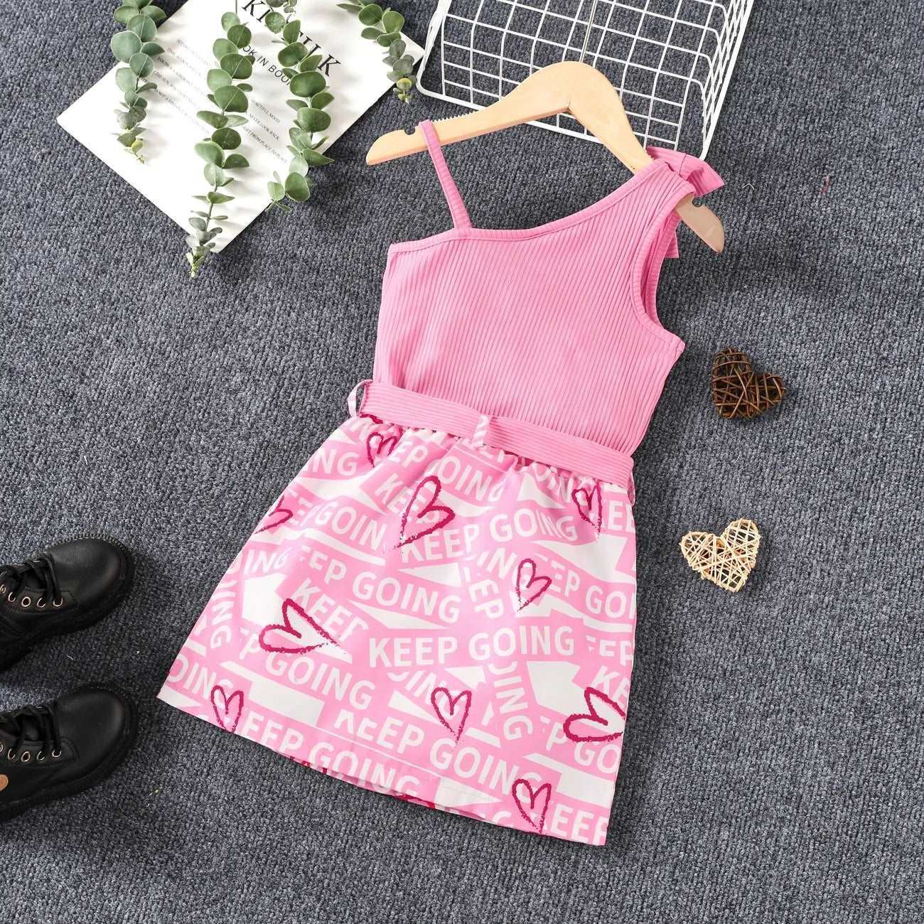 Sweet Letter Bandage Belted Skirt Set - Kids Girl (3Pcs) - Novo Kids