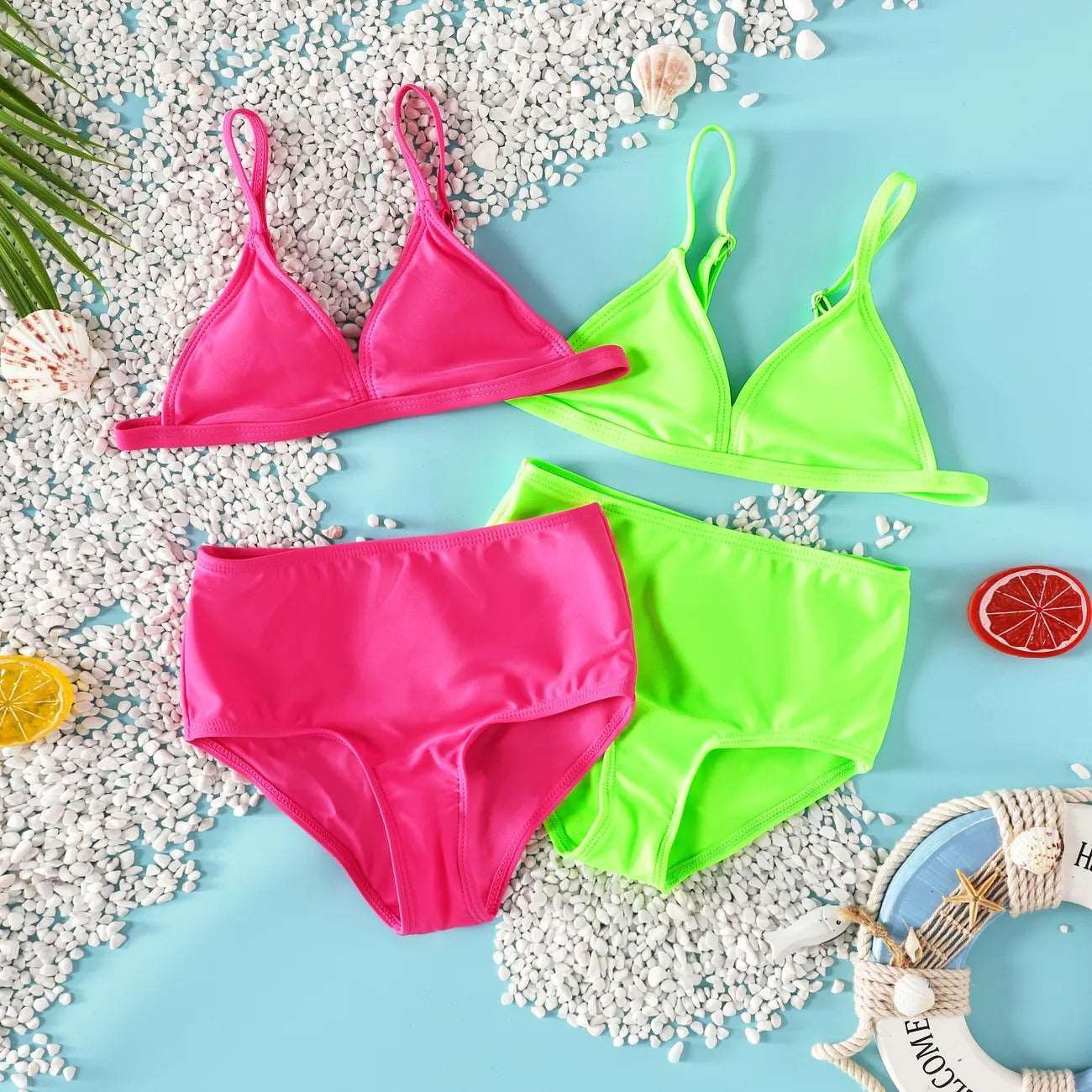 Solid Color Swimsuit with Hanging Strap - Kid Girl (2Pcs) - Novo Kids