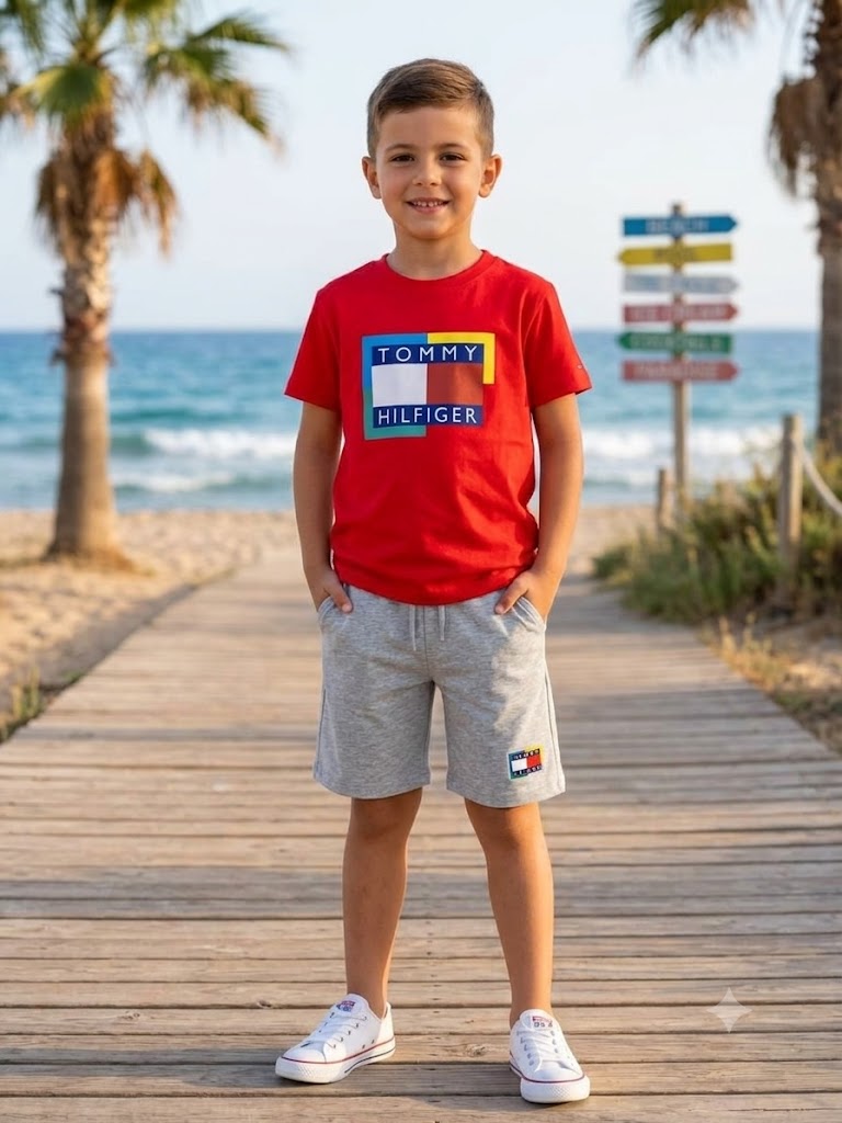 TOMMY Kids Classic Red Color block Tee and Shorts Set –– Kids Boys (Ages 3 to 12)