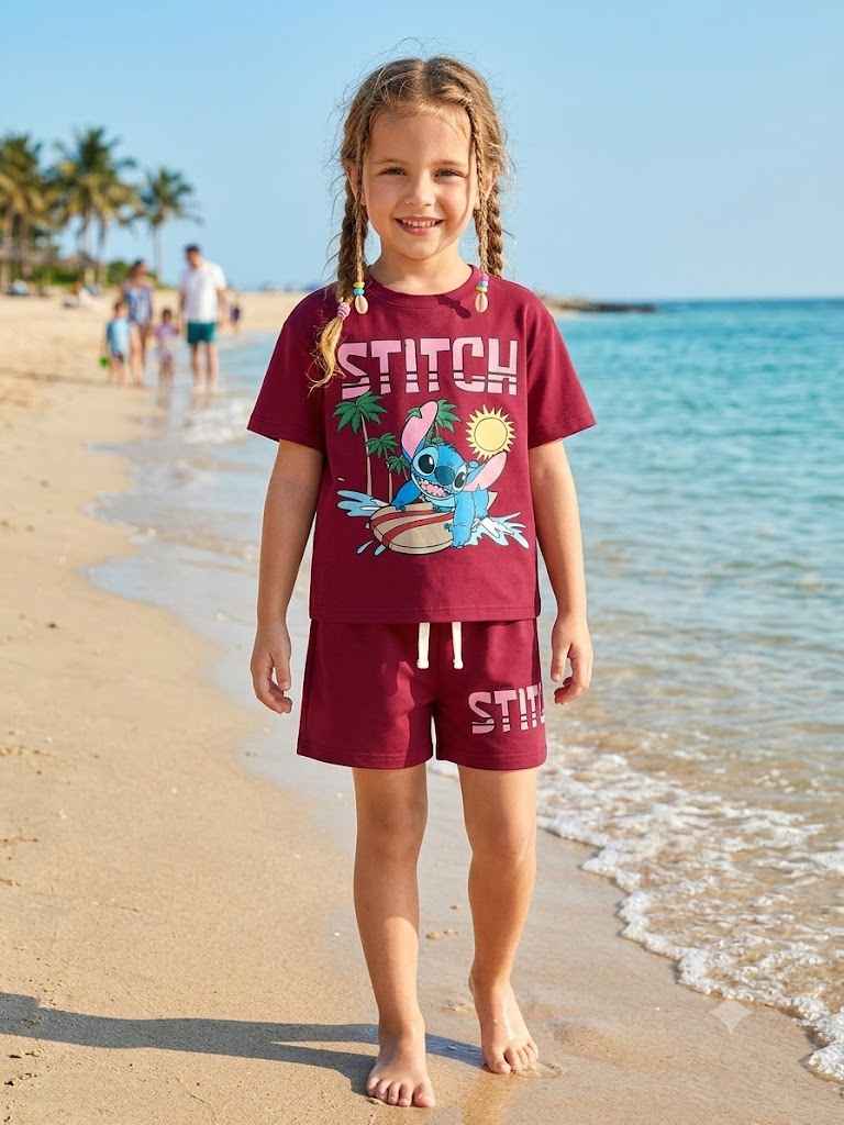 Girls Stitch Surf Maroon Short Set   -  Kids Girls (Age: 3-10)