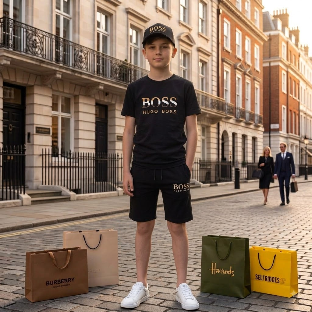 HUGO Boss Gold-Logo Tee, Shorts and Cap Black Summer Set –– Kids Boys (Ages 2 to 15)
