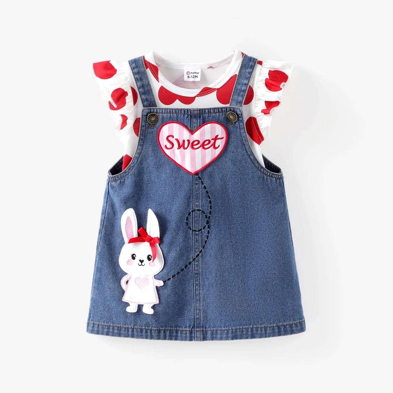 Heart Print Tee & Rabbit Embroidery Denim Overall Dress Set - Baby Girl (2Pcs) - Novo Kids
