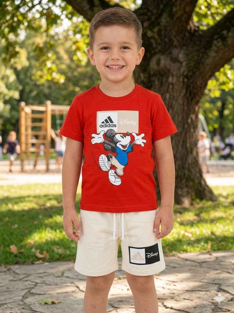 ADIDAS Mickey Mouse Red Tee and Beige Shorts Summer Set – Kids Boys (Ages 3 to 10)